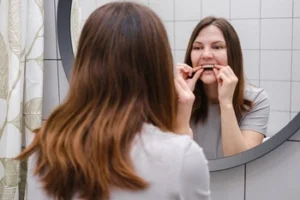flossing in front of the mirror flossing in front of the mirror